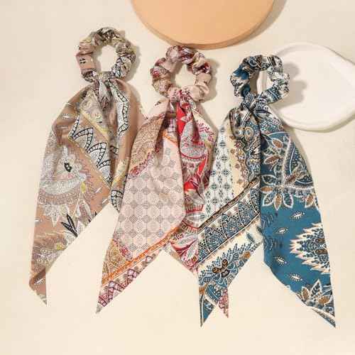 Bandana Hair Scarf Scruncheis for Women Girls, Bowknot Scrunchies for Hair, Chiffon Floral Scrunchie Long Hair Bands Ties Ponytail Holder (Paisey)