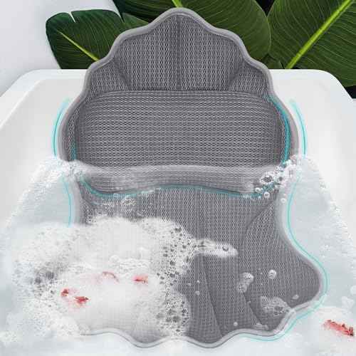 Bath Pillows for Tub, Luxury Bath Pillow Soft 4d Mesh, Bathtub Pillow with 6 Suction Cups, Ergonomic Bath Tub Pillows for Head and Neck, Bath Accessories for Women Relaxation Gifts (Grey)