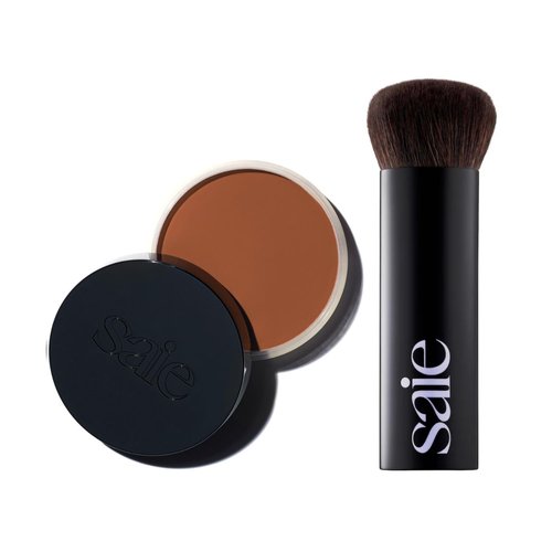 Saie Sun Melt Duo - The Big Brush - Soft, Multi-Use Liquid + Cream Makeup Brush With Synthetic Bristles Bundled With Sun Melt Bronzer in Tan Bronze - Buildable Cream Contour with Velvet Finish (1 oz)