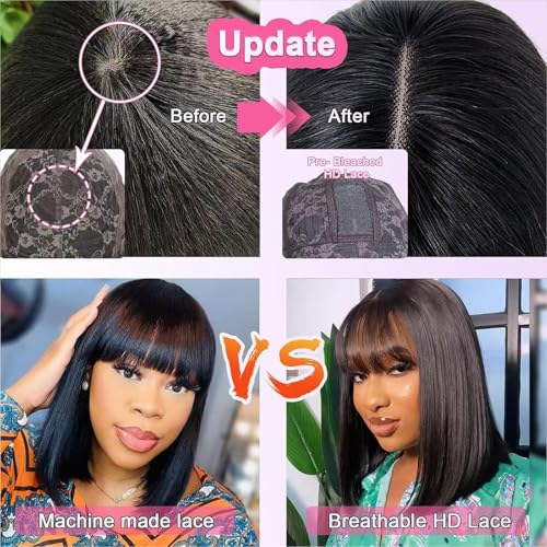 ROSELINE Short Bob Wig Human Hair Glueless HD 1X3 Lace Closure Human Hair Bob Wig With Bangs For Black Women (12Inch)