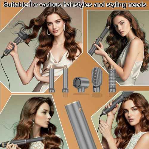5 in 1 Hair Styler & Hair Dryer Brush, Low-Speed Negative Ionic Air Styler Drying, Multi Hair Styler, Professional Blow Dryer Brush for Curling Volumizing Straightening Styling(Gray Gold)