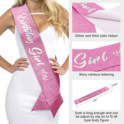 SuPoo Pink Birthday Crown and Sash Kit - Tiara With Rhinestones, Metal Crown With Comb, Glitter Sash, Crystal Headband, Princess Tiaras for Girls - Happy Birthday Decorations