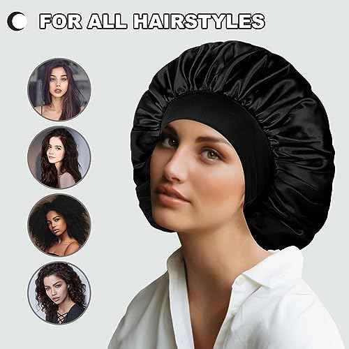 Extra Large Satin Bonnet Hair Cap, 17inches Silk Bonnet for Sleeping, Jumbo Silk Sleep Cap for Women Braids Curly Hair Locs 1Pcs (Black)