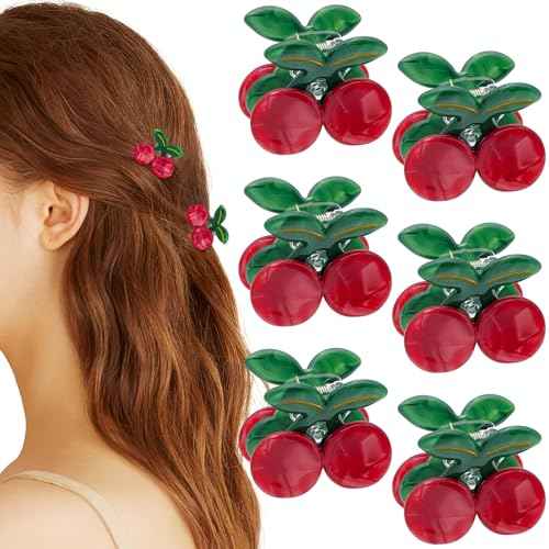 6Pcs Mini Cherry Hair Clips Acetate Hair Claw Cute Cherry Hair Clip Small Hair Barrettes Fruit Hairpins Tiny Sweet Fashion Hair Accessories for Women Girls