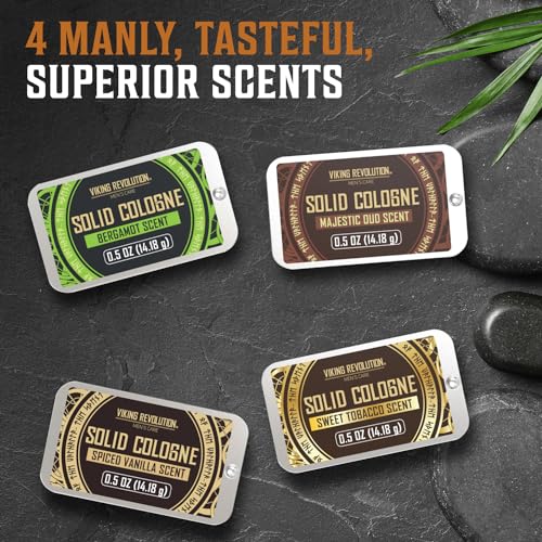 Viking Revolution 4 Pack Mens Colognes - 0.5 Oz Solid Perfume with Spiced Vanilla, Sweet Tobacco, Majestic Oud, Bergamot - Travel Wax Balm Cologne