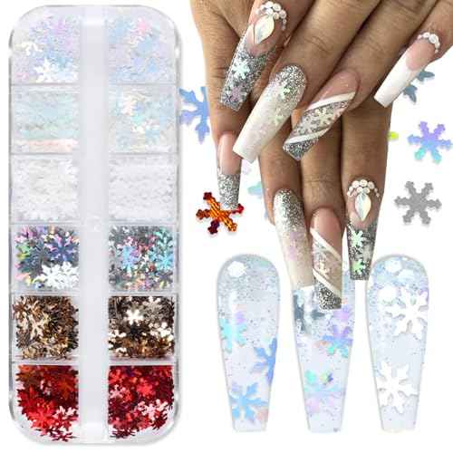 12 Grids Snowflake Nail Glitter Sequins 3D Snowflake Nail Art Stickers Decals Holographic Laser Snowflake Glitter for Nails Face Crafts Confetti Christmas Nail Snowflake Glitter Flakes Snow Nail Art