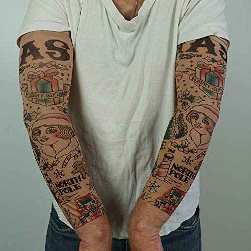 Prank-O Fake Temporary Tattoo Sleeves, Pair, Holiday Season Arm Accessories, Stretchy Material, Comfortable and Easy Slip On and Off, Christmas Parties