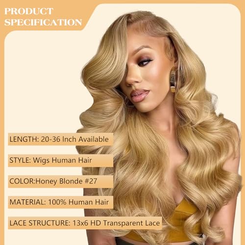 26 Inch Honey Blonde Wig Human Hair 200% Density 13x6 Body Wave Pre Plucked Glueless HD Transparent Lace Frontal Wigs Human Hair for Women
