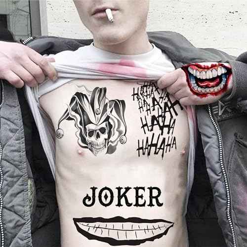 FANRUI 6 Sheets Joker Tattoos Halloween Face Makeup Kit, Temporary Tattoos For Men Women Adults, Smile Face Clown Damaged Tattoo Joker Prisoner Cosplay Costumes And Party Accessories