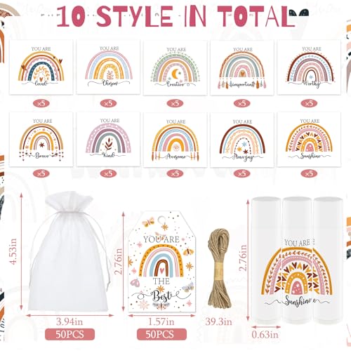 50 PCS Bohemian Rainbow Lip Balm Bulk Inspirational Words Appreciation Gift for Women Thank You Gifts Moisturizer Lips for Teacher Baby Shower Coworkers Friend Wedding Bridal Shower Thanksgiving