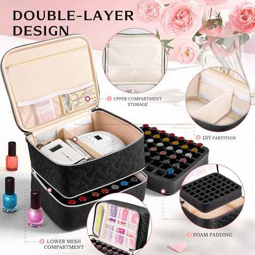 DreamGenius Nail Polish Organizer Case Holds 42 Bottles, Portable Double-Layer Nail Polish Storage Bag with Adjustable Dividers for Manicure Tools, Black