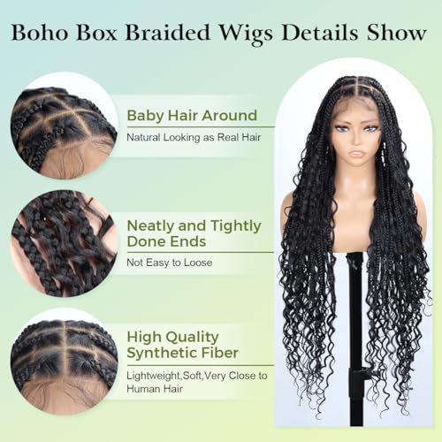 36 inch Single Full Lace Boho Braided Wigs for Black Women, 360 HD Lace Knotless Box Braid Wigs with Baby Hair Black Synthetic Braid Wig