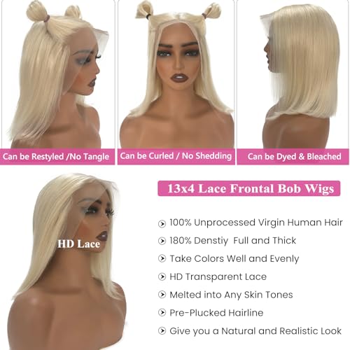 Ubetta White Blonde Lace Front Bob Wig Human Hair, Platinum Blonde 13x6 Lace Front Wigs Human Hair Pre Plucked White Blond Bob Wigs for Women 14 Inch 180% Density Bleachd Knots Swiss HD Lace