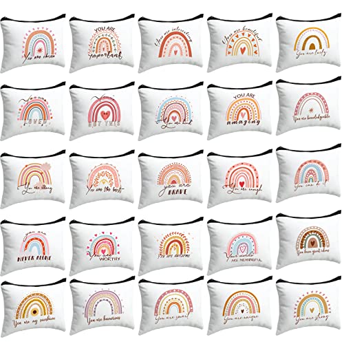 Mumufy 50 Pcs Rainbow Cosmetic Bags for Women Bulk Inspirational Makeup Bags Gift with Zipper Motivational Quotes Travel Canvas Waterproof Pouch for Women Teacher Christmas Party Supplies