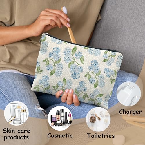 Blue Hydrangea Flower Makeup Bag for Women, Preppy Blue Floral Cosmetic Bags, Hydrangea Gifts for Women Zipper Makeup Pouch for Purse