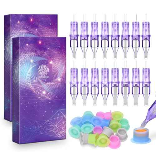 ATOMUS 40pcs Tattoo Cartridge Needles with 20pcs Silicone Ink Cups Size #10 RL RS RM Purple Round Liner Tattoo Needles for Tattoo Gun Pen Liner Pattern (7RM+9RM+11RM+15RM)