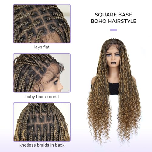 Boho Braided Wigs for black women, Knotless Box Ombre Black to Honey Brown Bohemian Braid Wig, Full Double Lace Ombre Braided Wig