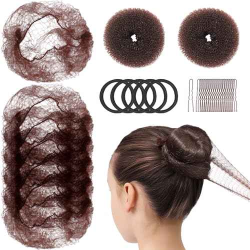 Teenitor Hair Net and Small Donut Bun Maker for Kids, 10 Pcs 30cm Invisible Hair Nets, 2 Pcs Hair Bun Maker with U Shaped Bobby Pins 20 Pcs and 5 Elastic Bands, Ballet Bun Kit For Kids, Dark Brown