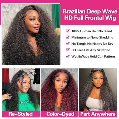 XVE 30 Inch Deep Wave Lace Front Wig Human Hair 13x4 Lace Front Wigs Human Hair Pre Plucked 200% Density Wet And Wavy Wigs Transparent Lace Frontal Curly Wigs For Women Glueless Wig Natural Black