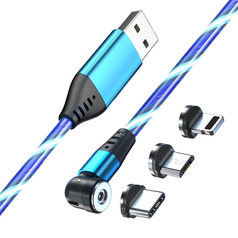 1M Luminous Blue 3-in-1 540° Rotate - Reflex Power Magnetic Charging Cable with Lightening/Micro USB & Type-C, 2.4A Fast Charge, Durable TPE, 360°/180° Rotating Magnetic Design - Blue Glow