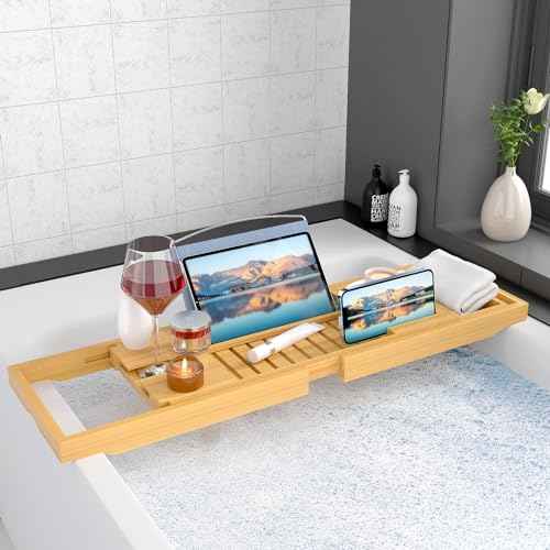 Luxury Bamboo Bathtub Tray - Wooden Expandable Caddy with Book, Tablet, Wine Holder - Gift Idea