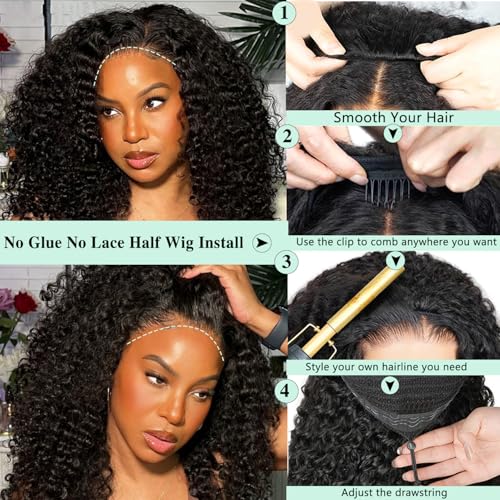 Burmese Curly Half Wigs Human Hair 200% Density Curly 3 In 1 Half Wigs With Drawstring for Women Water Wave Glueless Wig Human Hair with Spiral End,Seamless Flip Headband Wig,Beginner Friendly(14inch)