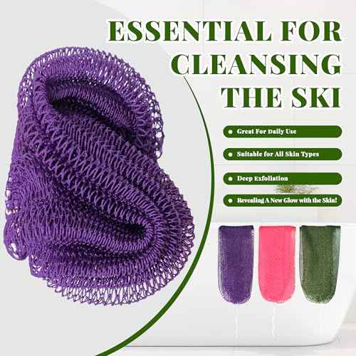 African Net Sponge Authentic, 3 Pieces Exfoliating Scrubber Bath Sponge for All Skin Types, Back Scrubber Loofah Washcloth for Shower, Gentle Exfoliation, Gift 1 Travel Bag (Purple, Pink, Dark Green)