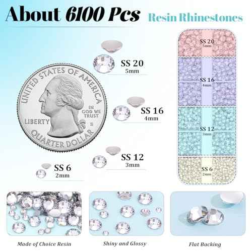 6100Pcs Resin Rhinestones for Crafting with 2Pcs 10ml B7000 Jewelry Glue, 1 Box Flatback Crystals Diamond (Clear) for Bedazzling Crafts DIY Nail Art Non Hotfix Gems for Clothing Shoes Tumblers