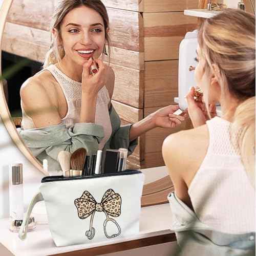 Leopard Bow Stethoscope Nurse Makeup Bag - Trendy Nurse Themed Gifts for Lovers Girls Mom Women, Bow Stethoscope Nurse Cosmetic Bag, Nursing Student Gifts, Canvas Zipper Makeup Bag