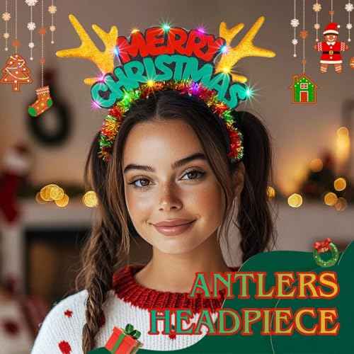 ACEDRE Light Up Merry Christmas Headband Glowing Led Xmas Reindeer Antlers Headpiece Holiday Festive Costume Hair Accessory for Women