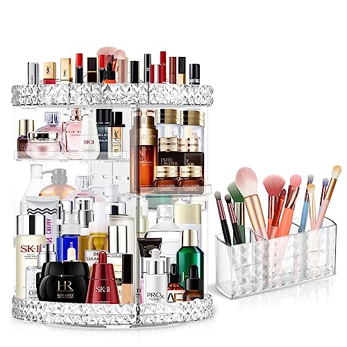 360 Rotating Makeup Organizer for Vanity + Makeup Brush Holder,Perfume Organizer with 6 DIY Adjustable Layer,Large Capacity Skincare Organizers,Lazy Susan Make up Organizer for Bedroom Dresser,Clear