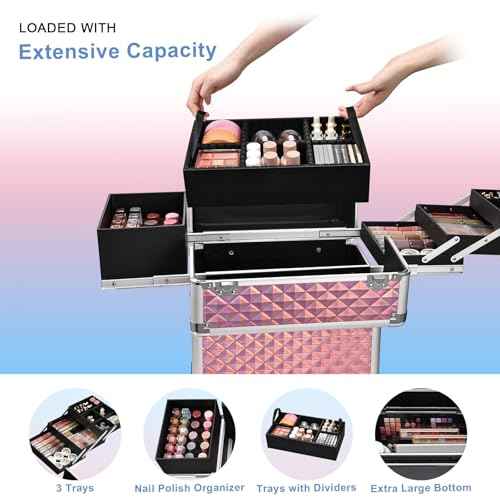Stagiant Rolling Makeup Train Case Large Storage Cosmetic Trolley 4 Tray with Sliding Rail Removable Middle Layer with Key Swivel Wheels Salon Barber Case Traveling Cart Trunk