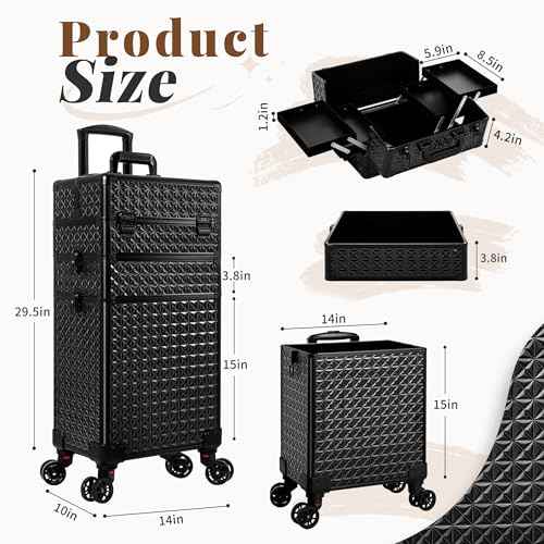 3 in 1 Rolling Makeup Train Case Professional Large Cosmetic Trolley Cosmetology Case on Wheels Traveling Cart Trunk for Hairstylist Artist Nail Beauty Salon Barber, Black