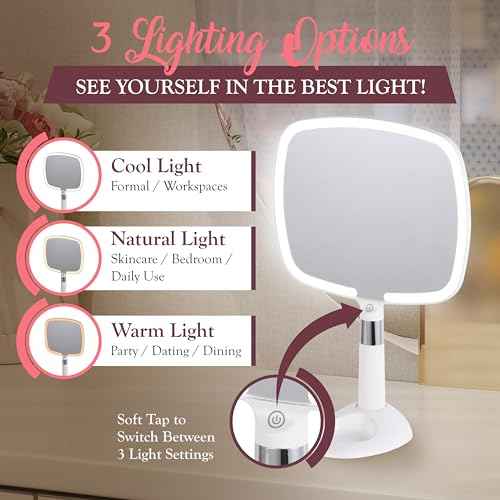 MIRRORVANA Lighted Travel Hand Mirror with Comfy Handle and Detachable Stand - Portable, Thin and Lightweight Design - Rechargeable with 3 LED Light Settings - 9" x 13" (White)
