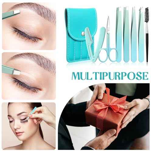 Lasnten 6 Sets Eyebrow Tweezers Set for Women Facial Hair Eyebrow grooming Kit with Travel Case with Curved Scissor and Trimmer Stainless Steel Tweezers Set Gift for Women