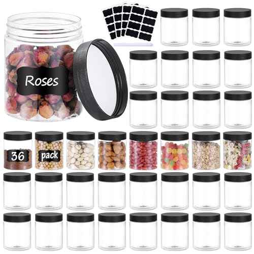 36PCS 8OZ Plastic Jars with Screw On Lids,Labels Refillable Empty Round Slime Containers for Storing Dry Food, Honey Jam, Cream, Butter, Lotion (Black)