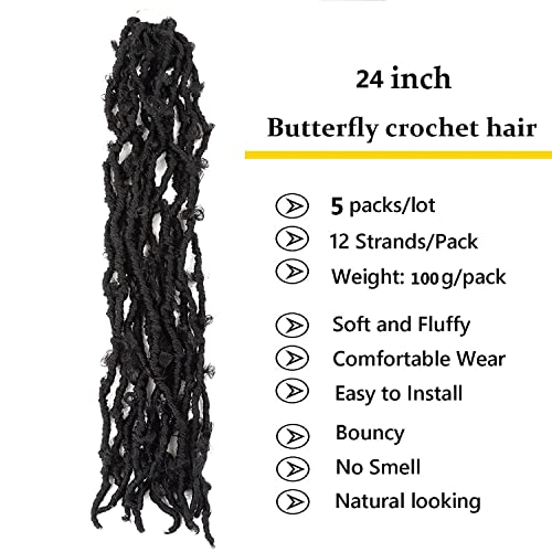 LMZIM 5 Packs 24 Inch Butterfly Locs Crochet Hair for Black Women Soft Distressed Faux Locs Pre looped Pre-twisted Braids (24 inch 5 pack, 1b)