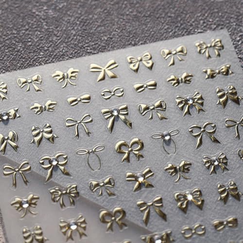 5D Embossed Bow Nail Stickers - Gold Bow Nail Art Decals with Rhinestone Knot Designs for Women's Manicure