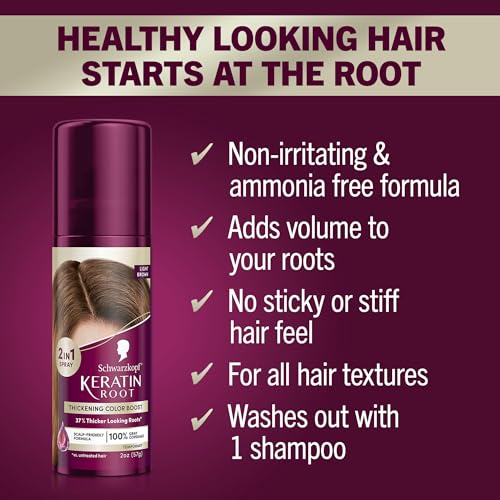 Schwarzkopf Keratin Root Temporary Hair Color Spray, Light Brown, Instant Gray Coverage, Thicker, Fuller-Looking Roots, Easy-to-Use, No Ammonia, Low Mess Application, Scalp Friendly