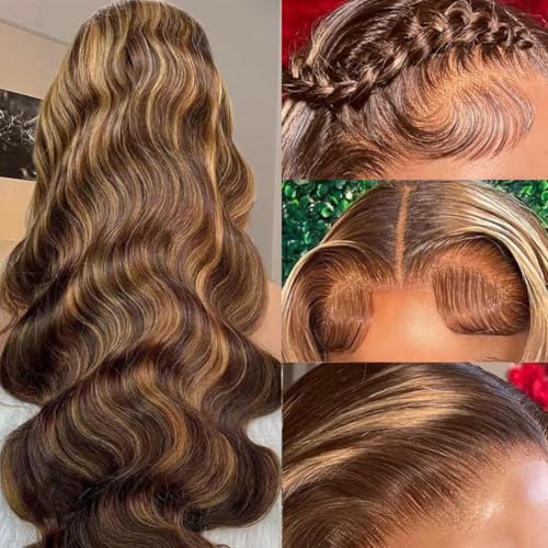 SFD Ombre Lace Front Wig Human Hair 220% Density Blond Highlighted Wig Human Hair 13x6 Brown Highlighted Body Wave 4/27 Highlight Lace Front Wigs Pre Plucked 30inch