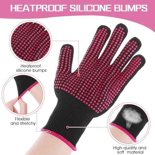 2 Pcs Heat Resistant Gloves With Silicone Bumps, Professional Thermal Styling Gloves for Women, Black, 9.36 x 4.68 inches