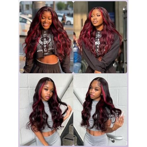 99J Burgundy Highlight Body Wave 3 Bundles Human Hair, 12A 100% Virgin Burgundy and Black Colored Human Hair Bundles Thick Track Ombre Red 99J Brazilian Quick Wavy Weaves Sew In Remy 10 12 14 In