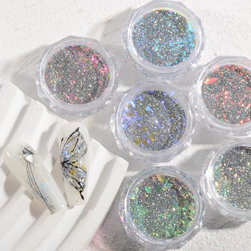 6 Colors Nail Art Glitter Diamond Dust Iridescent Nail Powder Chunky Glitter Confetti Foil Flakes Sequins for Nail Art Supplies, Gel Polish, Mermaid Makeup, Body, Resin ? Glittering Iridescence