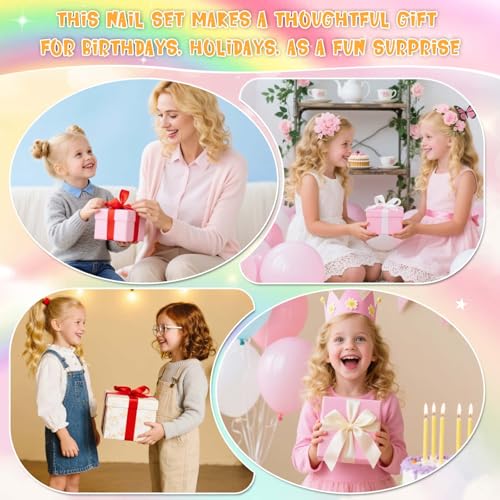 144 Pcs Small Kids Nails Set, Thrilez 6 Pack Mini Press on Nail Pre-glue Artificial False Acrylic Nails Set for Little Girl Children