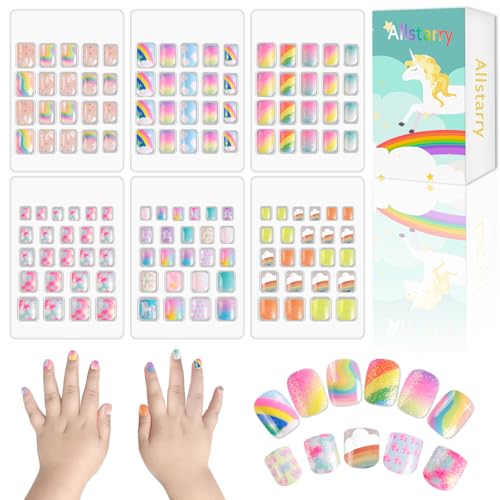 Allstarry 6 pack Children Nails Press on Pre-glue Full Cover Glitter Rainbow Flower Star Short False Nail Kits Lovely Gift for Children Little Girls Nail Art Decoration - Dreamy Rainbow