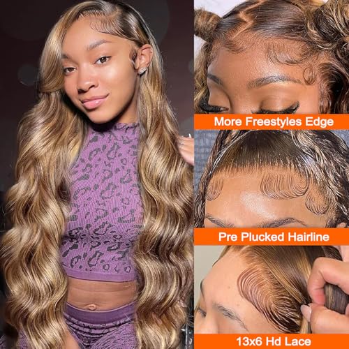 13x6 Honey Blonde Highlight Wig Human Hair Ombre Lace Front Wig P4/27 Body Wave Highlight Lace Front Wig Glueless Pre Plucked Bleached Knots Hd Lace Frontal Wigs Colored 26 Inch 180% Density