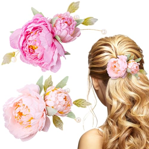 2pcs Flower Hair Clip for Women Girls, Non-Slip Vintage Faux Pearl Floral Brooch, 2 in 1 Silk Flower Hair Barrettes Buns Holder Accessories for Party Wedding Decor- Pink & Red