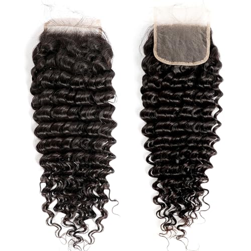 Closure Human Hair 5x5 HD Lace Closure Human Hair Clsoure Deep Wave Transparent HD 5x5 Lace Closure Deep Curly Closure Raw Virgin Human Hair Pre Plucked Natural Black 1B Color 22 Inch