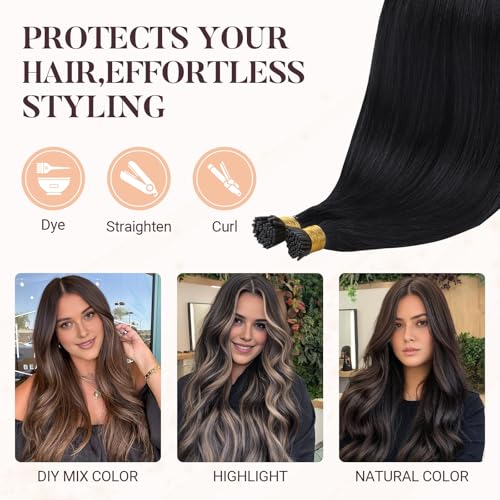 MAXITA I Tip Hair Extensions Human Hair,Jet Black 100g/50s 18 Inch, Comfortable Wear, 100% Remy Human Hair, Real Human Itip Keratin Hair Extensions