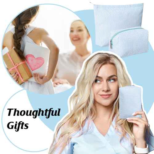 2 Pieces Makeup Bag Set Cute Cosmetic Pouch for Women Seersucker Travel Toiletry Bag Preppy Small Makeup Purse Pouch Aesthetic Skincare Brushes Storage Organizer for Women(Light Blue)